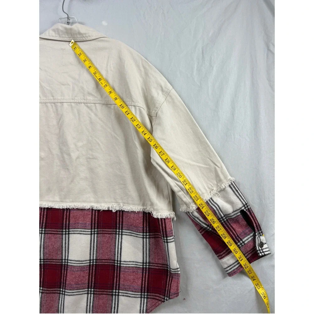 SO Shacket Women XL Cream Red Plaid Denim Flannel Mixed Media Frayed Hem